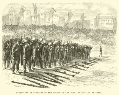 Evolutions of soldiers in the circus of the Plaza du Cabildo at Cuzco  by Edouard Riou
