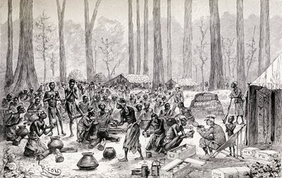 Scouts serving out milk and butter for broth to starving Pygmy natives, 1890 (wood engraving) by Edouard Riou