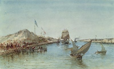 Shipping on the Suez Canal, from a souvenir album commemorating the Voyage of Empress Eugenie (1826-1920) at the Inauguration in 1869 (wc on paper) by Edouard Riou