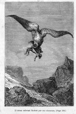 “The children of Captain Grant: The bird kidnapped Robert by his clothes” by Jules Verne, Edition Hetzel/Voyages Extraordinary 1868 by Edouard Riou