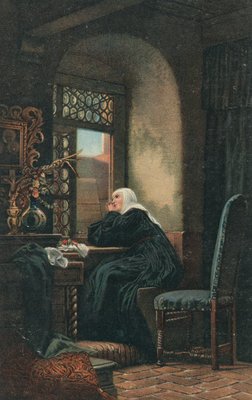 A nun sits in prayer by English School: Fine art print