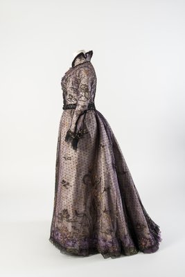 Dress of White and Purple Floral Silk Satin with an Outer Layer of Black Net