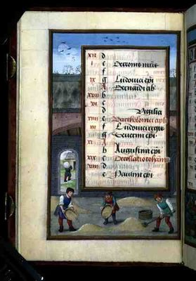 Ms 1058-1975 f8v Winnowing Corn in a Barn, illuminated calendar page for  August, from a Book of Hours, c.1500 (vellum)