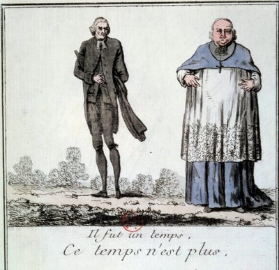 French Revolution: Cartoon on the disappearance of the privileges of the  clerk representing a lean priest and a corpulent and fat eveque from the  time of the Old Regime. Engraving from 1790.