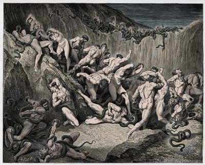 Inferno, Canto 24 : The thieves tormented by serpents, illustration from  The Divine Comedy by Dante Alighieri, 1885