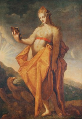 Leto, pregnant with the twins Artemis and Apollo, with the eagle of Zeus at  her feet