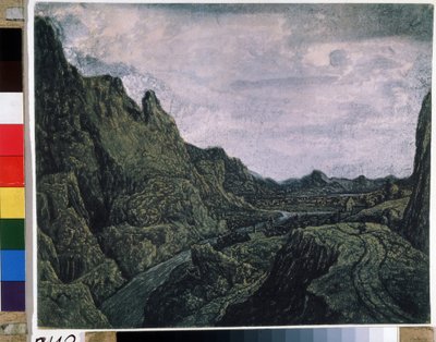 Vallee rocheuse avec une route Rocky valley with a road . Dessin