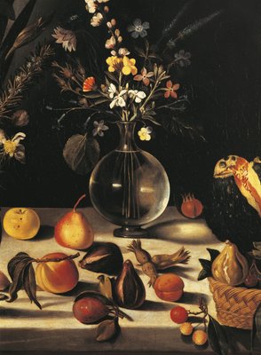 Still life with flowers and fruit, by Master of the Hartford Still Life,  c.1600-10 (oil on canvas) (detail of 507174)