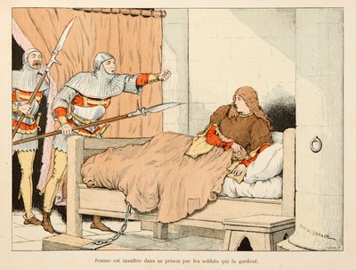Illustration taken from the book “Joan of Arc “by Theodore Cahu and  illustrated by Paul De Semant (1855-1915): Joan of Arc insulted by soldiers  in her prison