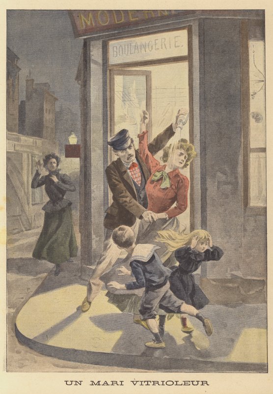 A husband attacking his wife and children with vitriol by French School