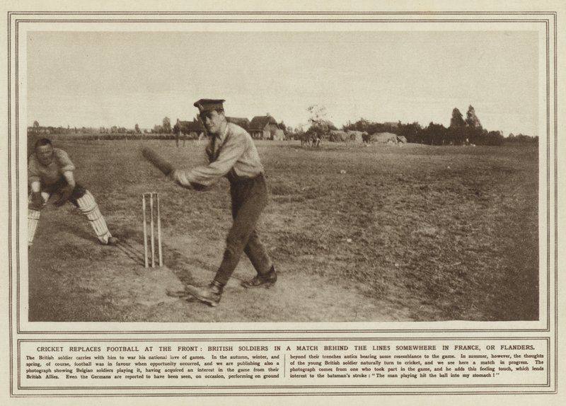 Cricket replaces football at the front, British soldiers in a match behind the lines somewhere in France, or Flanders by (after) English photographer