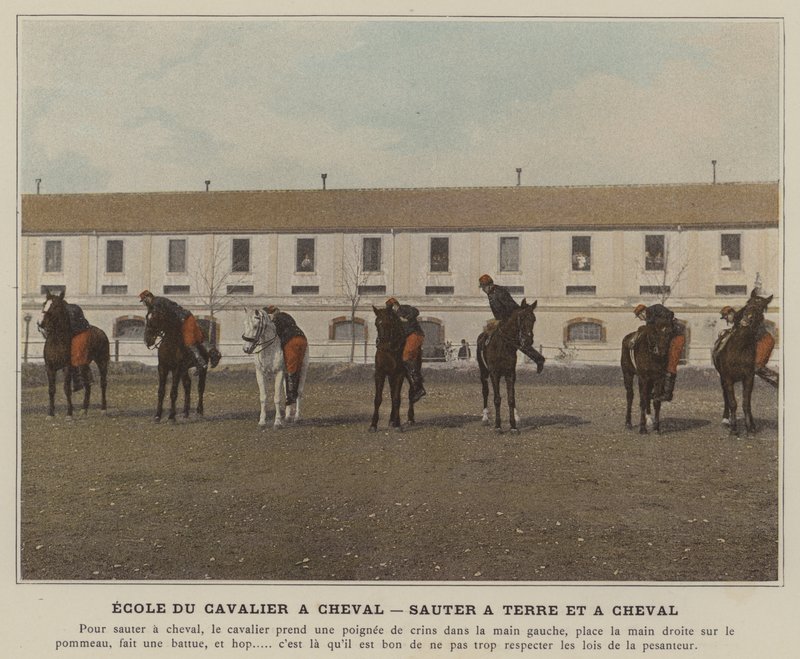 School of the Cavalryman on Horseback, Jumping on and off the Horse by (after) French Photographer