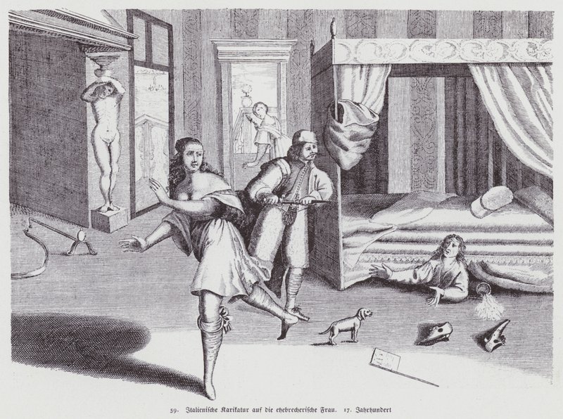 Italian cartoon on the adulterous wife by (after) Italian School