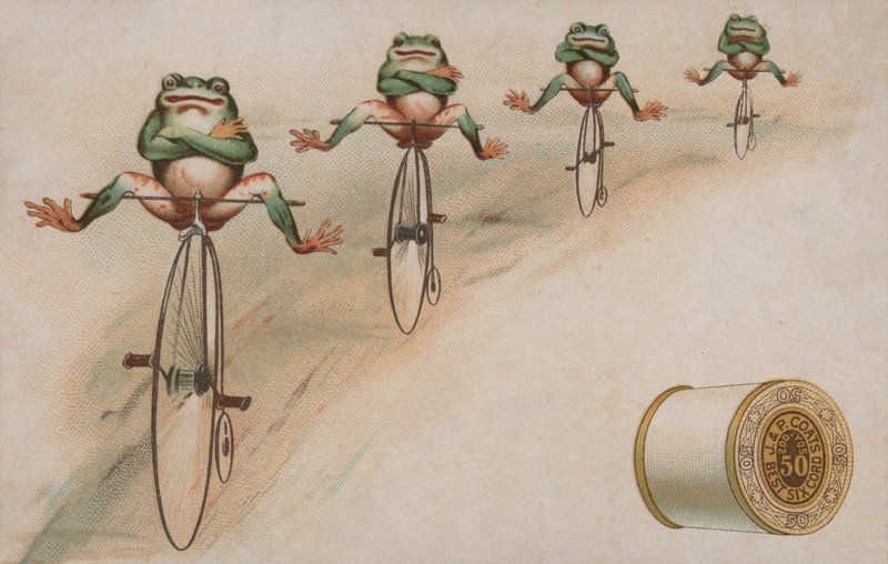 Frogs Performing Tricks Riding Penny Farthings, Advertisement for J & P Coats Cotton by American School