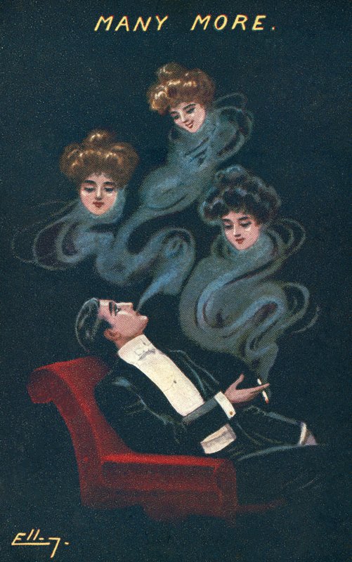 Smoking man dreaming of three girls by American School