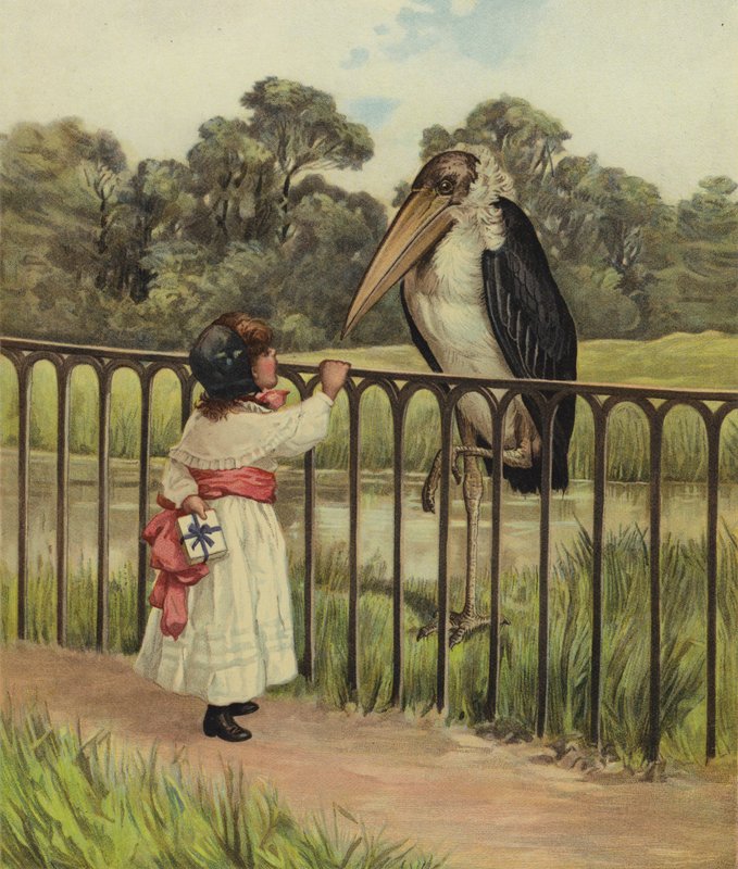 A Young Girl Asking an Adjutant Bird Its Name by English School
