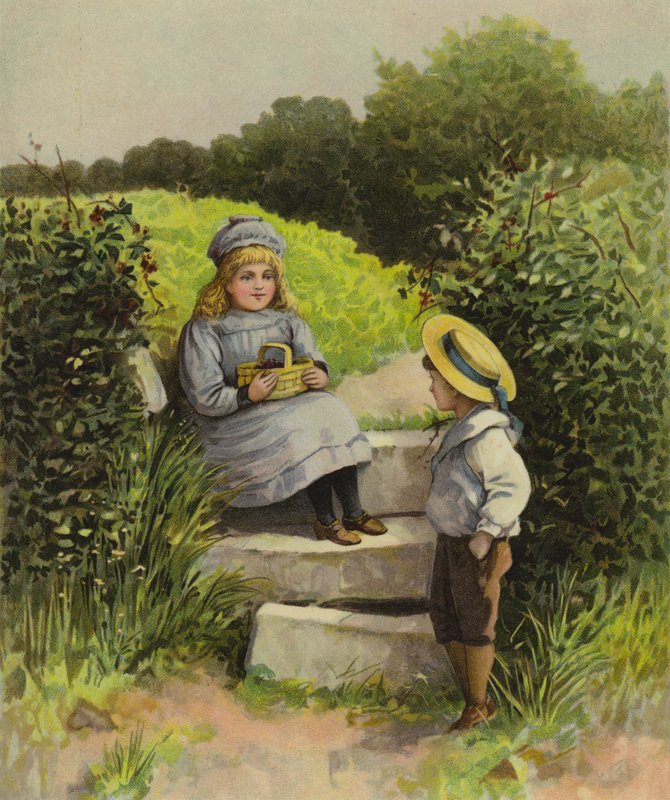 Children in the Countryside with a Basket of Fruit by English School