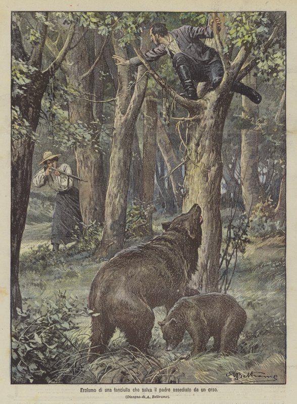 Heroism of a Girl Who Saves Her Father Besieged by a Bear by Achille Beltrame