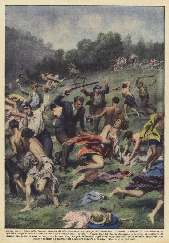 In a forest near the famous abbey of Montecassino, a group of naturists - men and women by Achille Beltrame