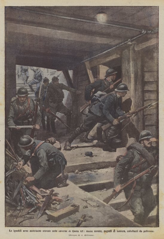 The ignoble Austrian weapons found in the caves of Quota 121, spiked clubs, sheet metal daggers... by Achille Beltrame