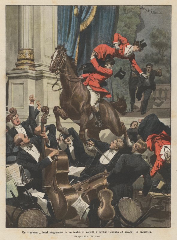 An Unscheduled Number in a Variety Theater in Berlin, Horse and Acrobats in the Orchestra by Achille Beltrame