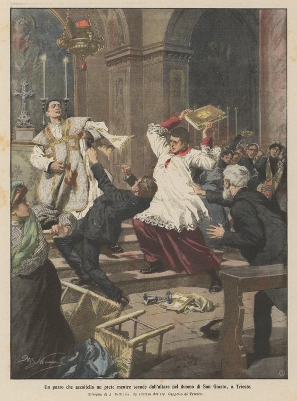 A madman stabs a priest while descending from the altar in the cathedral of San Giusto, in Trieste by Achille Beltrame