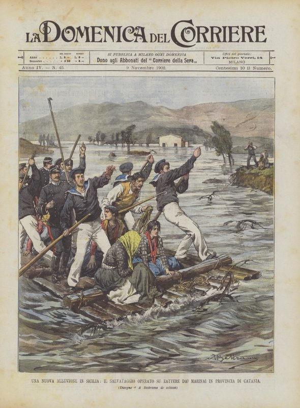 A New Flood in Sicily, The Rescue Operated on Rafts by Sailors in the Province of Catania by Achille Beltrame