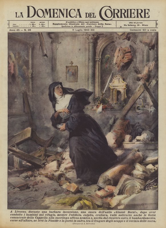 In Livorno, During a Barbaric Raid, a Nun from the Giosue Borsi Nursery, After Leading... by Achille Beltrame
