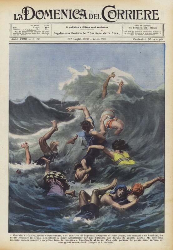 In Montalto di Castro, near Civitavecchia, a group of bathers, consisting of seven women by Achille Beltrame
