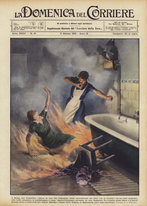 In Rome, a maid, helped by her companion, was cleaning a dress with gasoline by Achille Beltrame