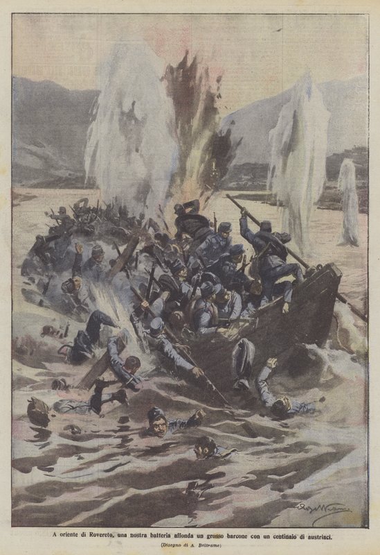 East of Rovereto, our battery sinks a large barge with a hundred Austrians by Achille Beltrame