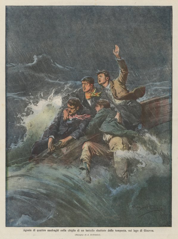 Agony of four castaways on the keel of a boat battered by the storm, on Lake Geneva by Achille Beltrame