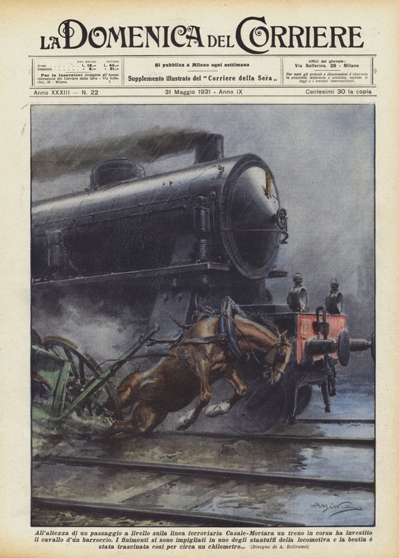 At the height of a level crossing on the Casale-Mortara railway line, a train in motion by Achille Beltrame
