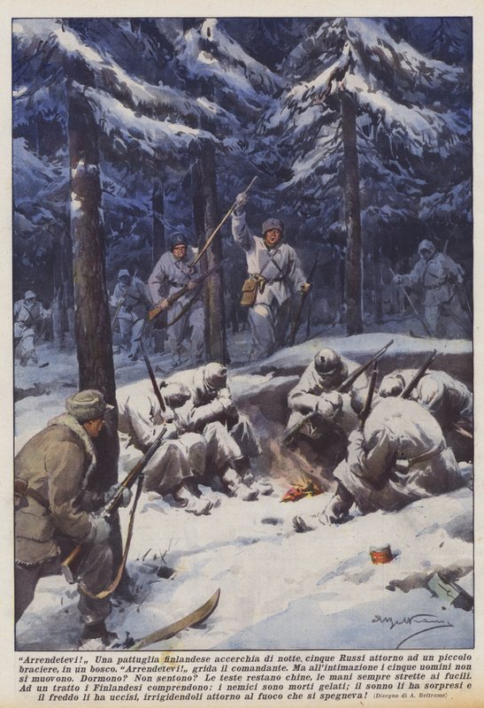 Surrender! A Finnish Patrol Surrounds Five Russians at Night Around a Small Brazier in a Forest by Achille Beltrame