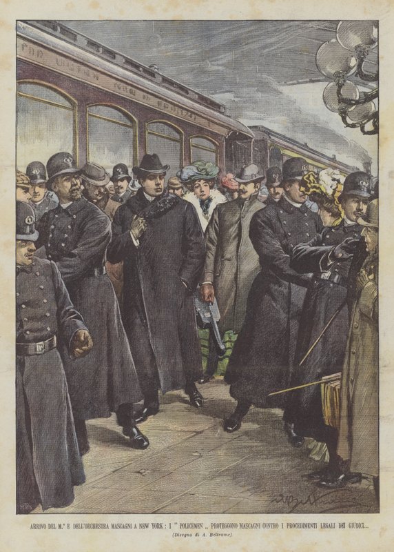 Arrival of Maestro and Orchestra Mascagni in New York, Policemen Protect Mascagni by Achille Beltrame