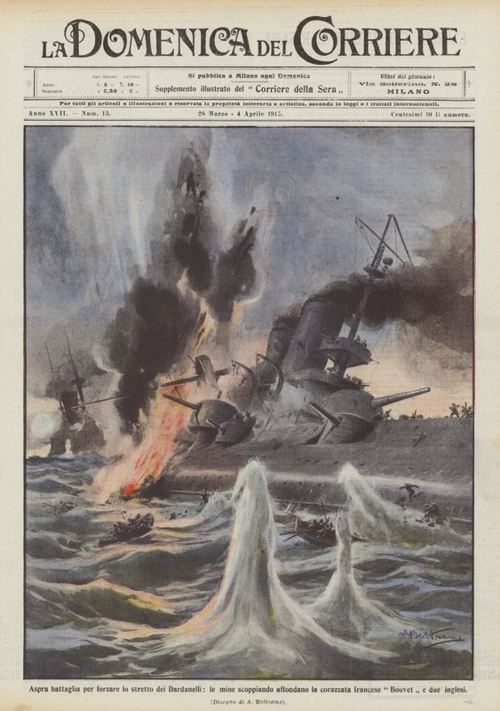 Fierce battle to force the Dardanelles strait, mines exploding sink the battleship by Achille Beltrame