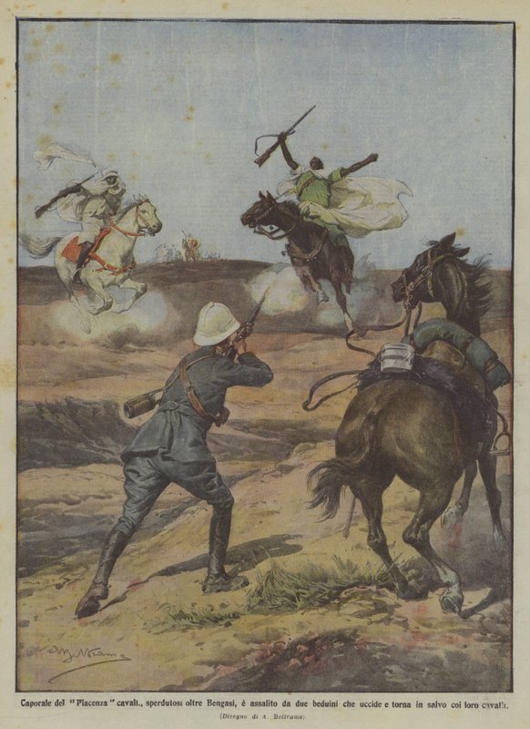 Corporal of the Piacenza Cavalry, Lost Beyond Benghazi, Attacked by Two Bedouins Whom He Kills by Achille Beltrame