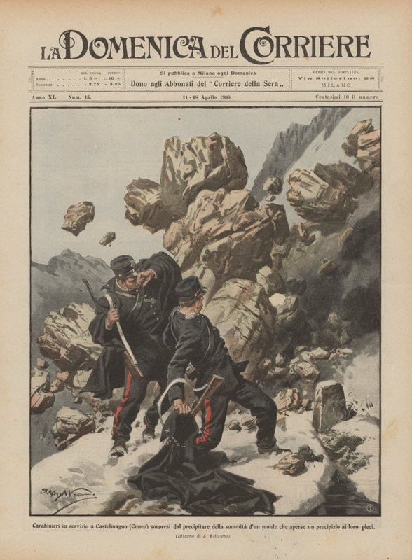 Carabinieri on duty in Castelmagno (Cuneo) surprised by the collapse of a mountain summit by Achille Beltrame