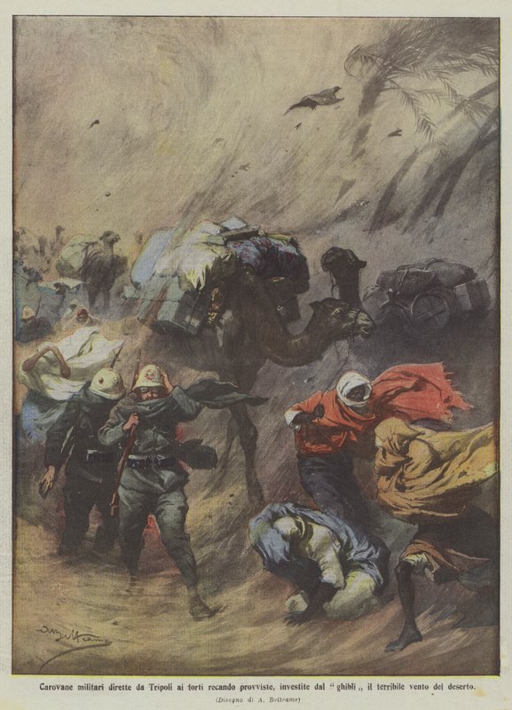 Military Caravans Directed from Tripoli to the Forts Carrying Supplies, Hit by the Terrible Ghibli by Achille Beltrame
