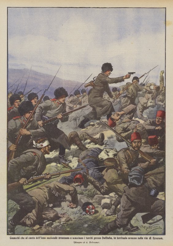 Cossacks advancing and driving away the Turks near Dalibaba to the national anthem by Achille Beltrame