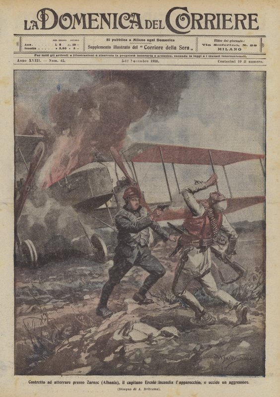 Forced to Land Near Zarnec (Albania), Captain Ercole Sets Fire to the Aircraft and Kills an Attacker by Achille Beltrame