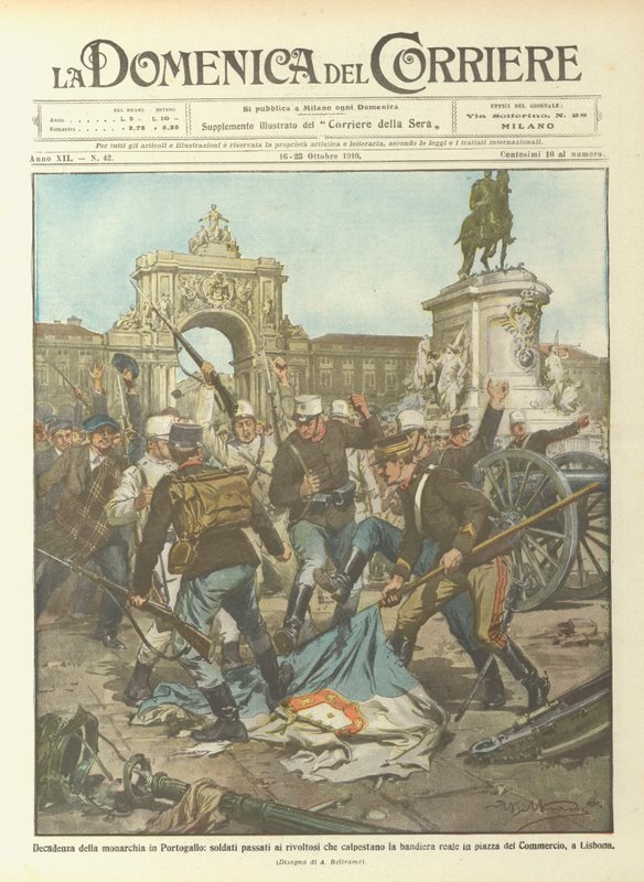 Decline of the Monarchy in Portugal, Soldiers Who Joined the Rebels Trample the Flag by Achille Beltrame