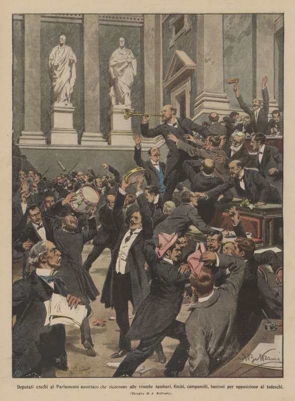 Czech Deputies in the Austrian Parliament Resorting to Trumpets, Drums, Whistles, Bells by Achille Beltrame