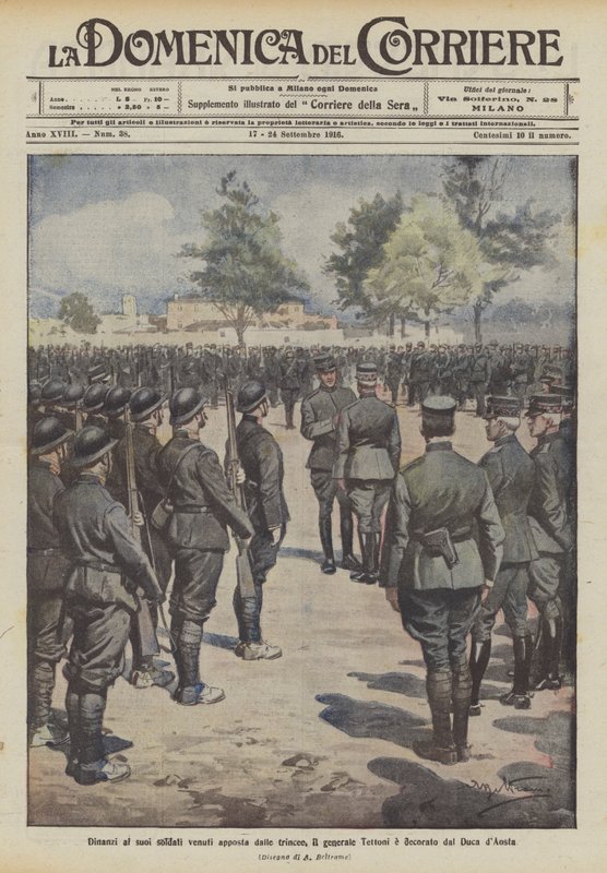 In front of his soldiers who came from the trenches, General Tettoni is decorated by the Duke of Aosta by Achille Beltrame