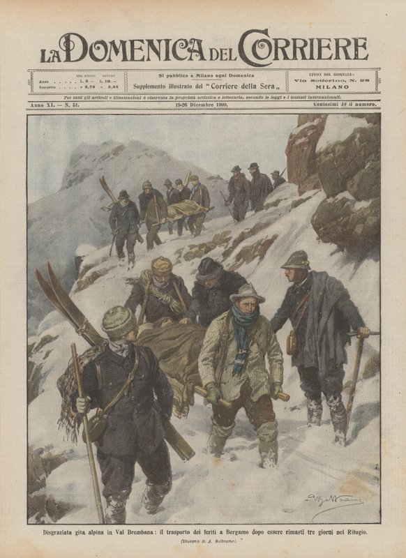 Unfortunate Alpine Excursion in Val Brembana, the Transport of the Injured to Bergamo After Being Stranded by Achille Beltrame