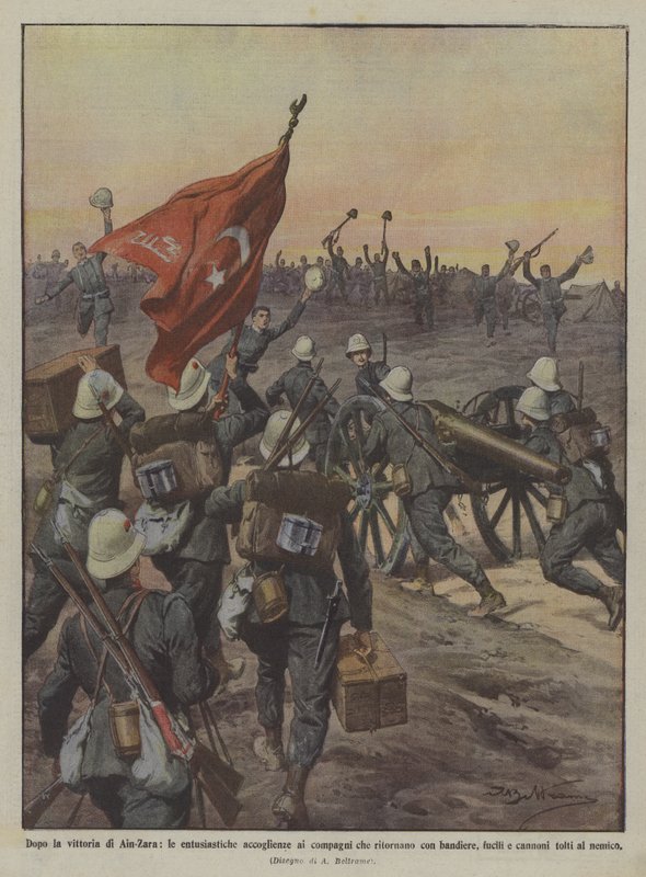 After the Victory of Ain-Zara, Enthusiastic Welcomes to the Companions Returning with Flags by Achille Beltrame