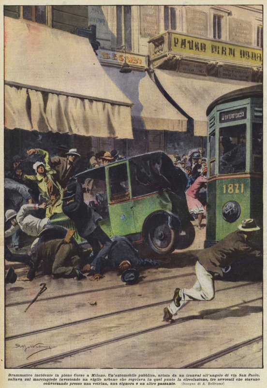 Dramatic incident in the middle of Corso in Milan by Achille Beltrame