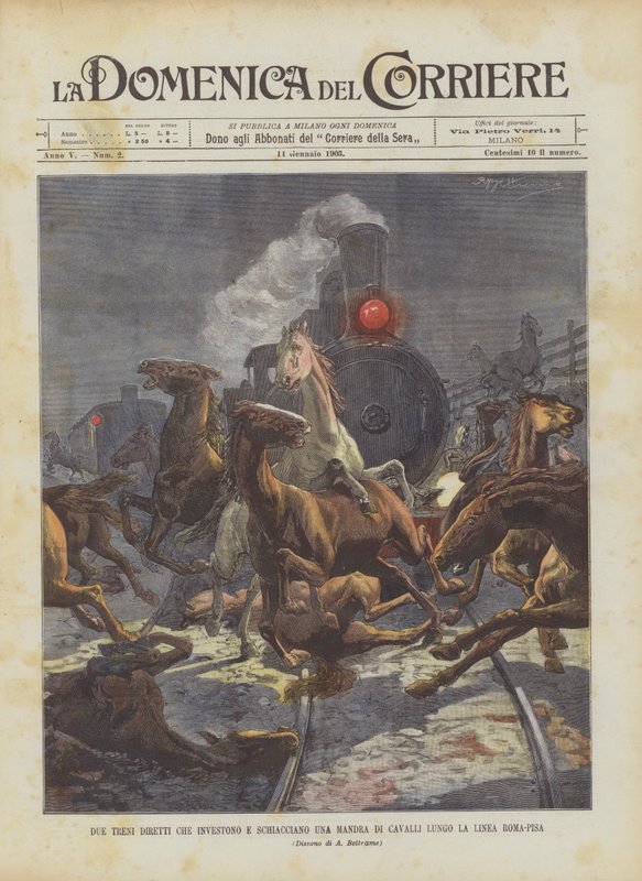 Two Trains Collide and Crush a Herd of Horses Along the Rome-Pisa Line by Achille Beltrame