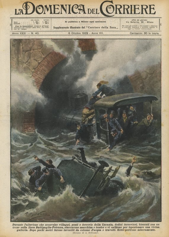 During the Flood that Devastated Villages, Bridges, and Railways in Lucania, Twelve Railway Workers? by Achille Beltrame