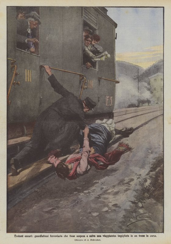 Unsung heroism, railway brake guard who holds and saves a traveler caught in a moving train by Achille Beltrame